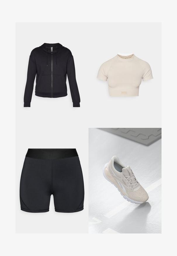 Svart zip-up hoodie i mjukt tyg, med en fodrad huva, dragsko, framfickor och ribbade muddar och fåll.; Beige randig croptop med korta ärmar och rundad halsringning, med en liten logotypetikett vid fållen. Slät textur, figurnära design.; Svarta träningsshorts med en slät yta, bred elastisk midja och böjda sömmar. Tillverkade av stretchtvättbart, fukttransporterande tyg.; Ljusbeige träningsskor med perforerat ovandel, texturerade detaljer, vadderad krage och vit gummisula, designade för komfort och andningsförmåga.