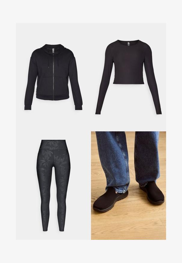 Czarna bluza z kapturem na zamek, wykonana z miękkiego materiału, z wyściełanym kapturem, sznurkiem ściągającym, przednimi kieszeniami oraz ściągaczami na mankietach i u dołu.; Czarny, długi rękaw, krótki top wykonany z żeberkowanej tkaniny. Posiada okrągły dekolt oraz dopasowany krój z teksturowaną powierzchnią.; Czarne legginsy z tonowym wzorem kwiatowym, wysoki pas i dopasowany krój, wykonane z elastycznego materiału odpowiedniego do odzieży sportowej.; Czarne buty wsuwane z teksturowaną siateczką i wyściełaną podeszwą, w połączeniu z luźnymi niebieskimi dżinsami na drewnianej podłodze.