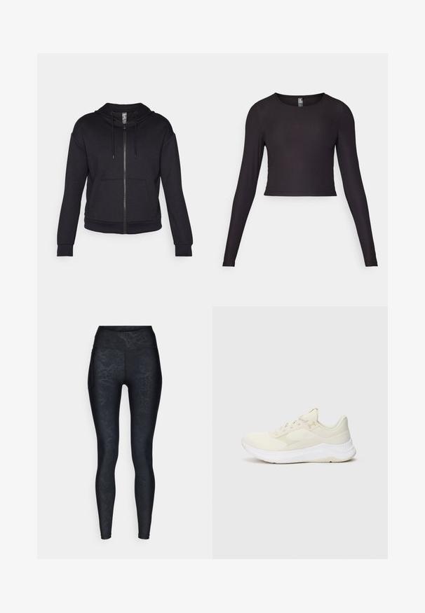 Zwarte zip-up hoodie van zachte stof, met een gevoerde capuchon, trekkoord, voorzakken en ribgebreide manchetten en zoom.; Zwart cropped top met lange mouwen, gemaakt van ribbelstof. Heeft een ronde halslijn en een getailleerde pasvorm met een gestructureerd oppervlak.; Zwarte legging met een gestructureerd slangenhuidpatroon, hoge tailleband en gladde stof. Bevat een zijzak voor kleine voorwerpen.; Lichtgekleurde sport schoenen gemaakt van mesh en synthetische materialen, met een gestructureerde bovenkant, een gevoerde zool en subtiele branding.