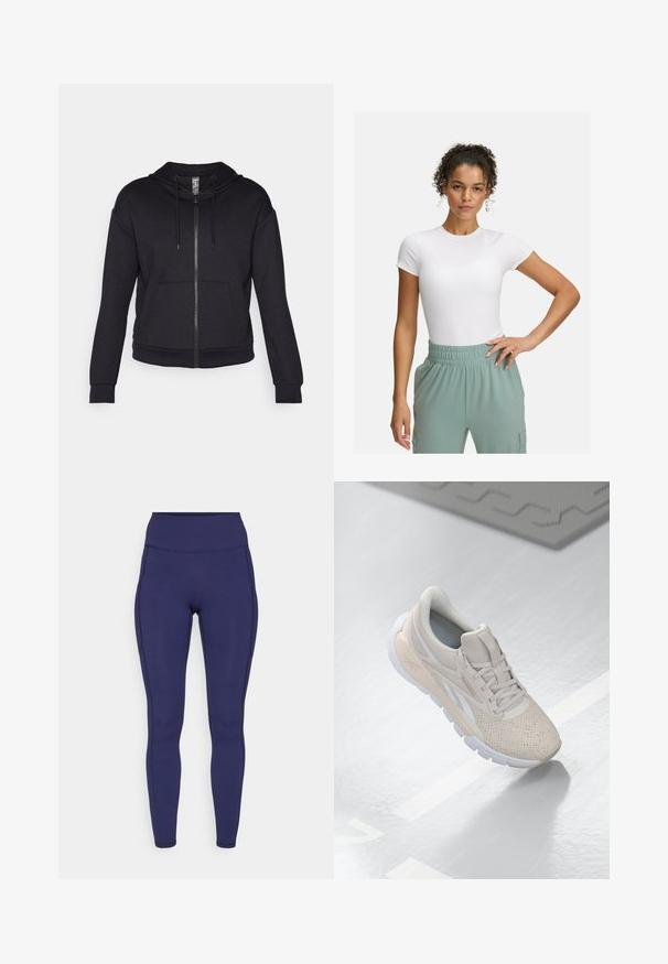 Black zip-up hoodie made of soft fabric, featuring a lined hood, drawstring, front pockets, and ribbed cuffs and hem.; White fitted t-shirt with short sleeves, paired with light green elastic waistband pants. Smooth texture, minimalist design, and no visible patterns.; Navy high-waisted leggings made of stretchy fabric. Features flat seams and a close fit, with two side pockets for storage.; Light beige athletic shoe with a perforated upper, textured accents, padded collar, and white rubber sole, designed for comfort and breathability.