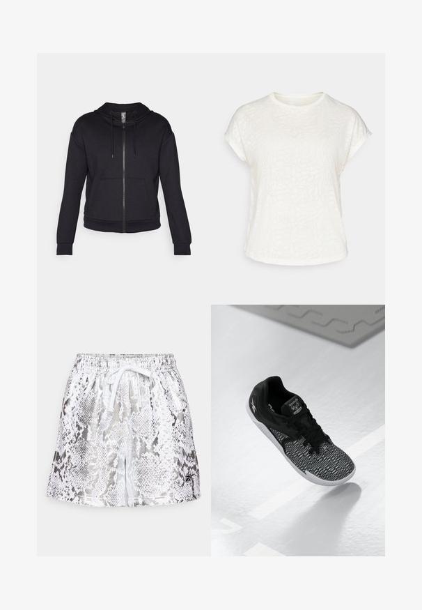 Sweatshirt com fecho éclair preto feito de tecido macio, com capuz forrado, cordão, bolsos frontais e punhos e bainha em ribana.; T-shirt branco de mangas curtas com um padrão floral texturizado, decote redondo e corte descontraído. Feito de um tecido leve e suave.; Calções metálicos prateados com um padrão de pele de cobra branca e prateada, apresentando uma cintura elástica e um cordão branco.; Sapatilha atlética preta com um upper em malha texturizada e padrão, atacadores pretos e uma sola branca. Apresenta a marca Reebok na língua e na lateral.