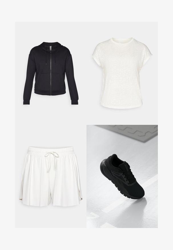 Sudadera con cremallera negra, fabricada en tejido suave, que cuenta con una capucha forrada, cordones, bolsillos frontales y puños y dobladillo de canalé.; Camiseta blanca de manga corta con un patrón floral texturizado, cuello redondo y corte relajado. Fabricada en un tejido suave y ligero.; Pantalones cortos de algodón blancos con cintura elástica, cierre de cordón y aberturas laterales para mayor movilidad. Textura suave y corte relajado.; Zapatilla deportiva negra con parte superior de malla, punta redonda, suela acolchada y acentos texturizados, situada sobre una superficie blanca suave.