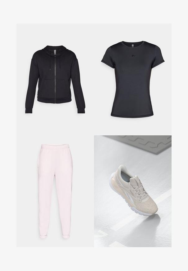 Mustaline tõmblukkudega sviiter, mis on valmistatud pehmest kangast, varustatud voodriga kapuutsiga, reguleeritava nööriga, esi-taskutega ning soonikkoes mansettide ja äärega.; Musthave musta lühikeste varrukatega T-särk, mis on valmistatud sileda ja hingava kangaga, esiküljel minimaalne logodisain. Klassikaline ümar kaelus.; Heledad roosa dressipluus, millel on nööriga vöökoht, küljetaskud ja elastsed varrukad. Valmistatud pehmest, venivast kangast.; Heledad beež spordijalanõud perforatsiooni, tekstuursete aktsentide, pehmendatud krae ja valge kummitaldiga, disainitud mugavuse ja hingavuse tagamiseks.