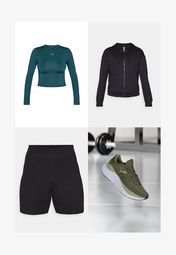 Juodas užtrauktukas hoodie, pagamintas iš minkštos medžiagos, su išklota kapuce, raiščiu, priekinėmis kišenėmis ir gumbelinėmis rankovėmis bei apatine dalimi.; Ilgomis rankovėmis, trumpas viršus iš žalsvos spalvos audinio su lygia tekstūra. Turi apvalų iškirpimą ir mažą auksinį Puma logotipą krūtinės srityje.; Juodi dviračių šortai su aukštu juosmeniu, pagaminti iš tamprios, minkštos medžiagos. Turi plokščias siūles ir glotnią tekstūrą patogumui.; Alyvuogių spalvos sportiniai batai su tekstūruotu megztu viršumi, kontrastinėmis šviesiai žaliomis detalėmis ir storu baltu padu. Aukso logotipo detalė šone.