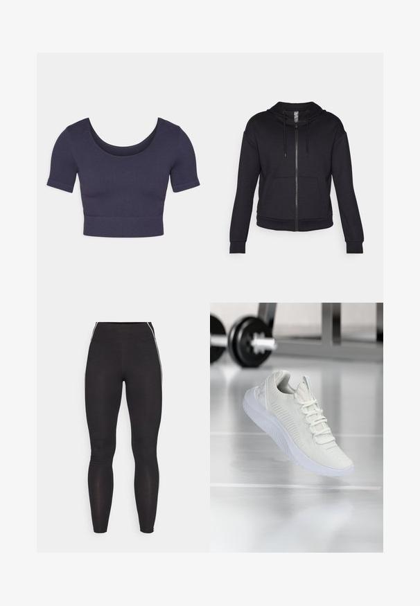 Sweatshirt com fecho éclair preto feito de tecido macio, com capuz forrado, cordão, bolsos frontais e punhos e bainha em ribana.; Top cropped azul-marinho com mangas curtas, feito de tecido canelado. Apresenta um decote arredondado e um design ajustado.; Leggings pretos feitos de material elástico com uma cintura alta. Apresentam riscas brancas nas laterais e uma textura suave por toda a peça.; Sapatilha atlética branca com um cabedal em malha texturizada e sistema de atacadores, apresentando uma sola branca acolchoada e sutis acentos ribateados.