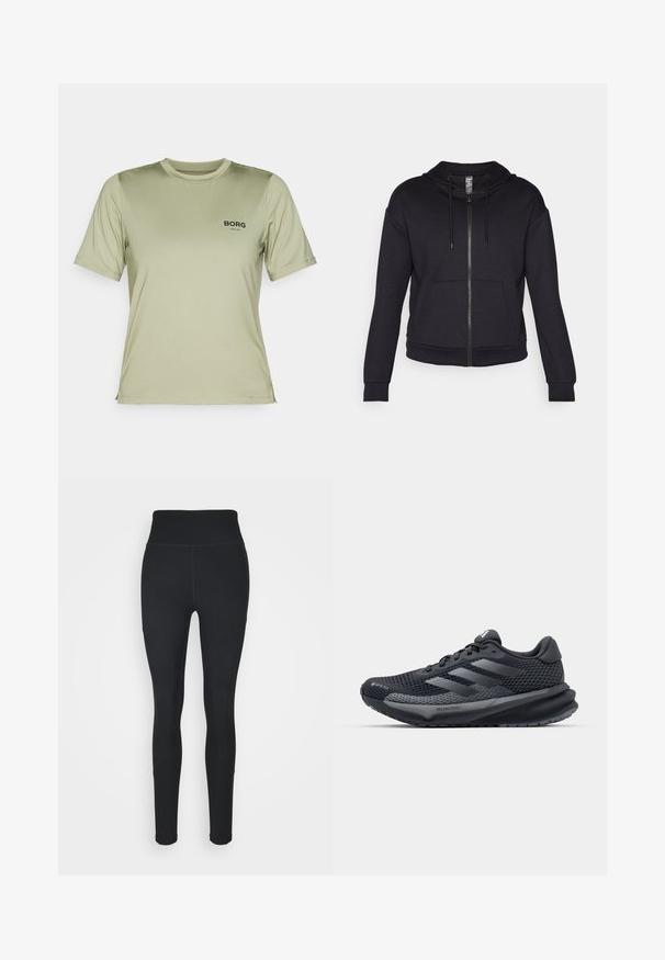 Sudadera con cremallera negra, fabricada en tejido suave, que cuenta con una capucha forrada, cordones, bolsillos frontales y puños y dobladillo de canalé.; Camiseta de manga corta en un ligero color verde oliva, hecha de una tela suave. Presenta un logo negro de "BORG" en la parte frontal y un cuello redondo.; Leggings negros de tejido elástico, con una cintura alta, paneles acanalados en los laterales y un diseño ajustado que se estrecha en los tobillos.; Zapatilla deportiva negra con parte superior de malla texturizada, acentos reflectantes, suela acolchada y un diseño aerodinámico. Presenta el logo de tres rayas.