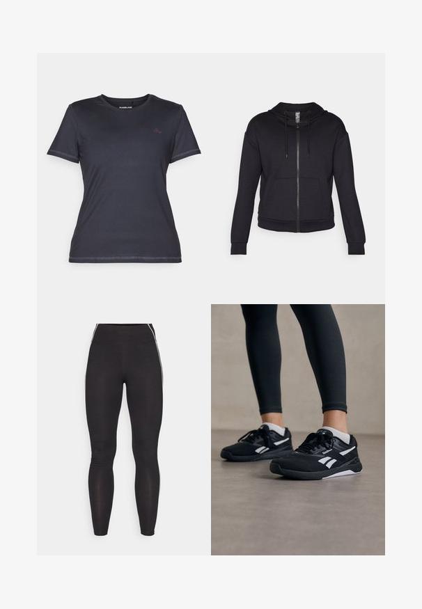 Sweatshirt com fecho éclair preto feito de tecido macio, com capuz forrado, cordão, bolsos frontais e punhos e bainha em ribana.; T-shirt de manga curta, com decote redondo, em azul marinho escuro, com uma textura suave e um detalhe em rosa contrastante no logo no peito.; Leggings pretos feitos de material elástico com uma cintura alta. Apresentam riscas brancas nas laterais e uma textura suave por toda a peça.; Sapatilhas desportivas negras com um cabedal em malha texturizada, detalhes brancos e uma sola almofadada. Usadas com leggings negras, destacando um design elegante.