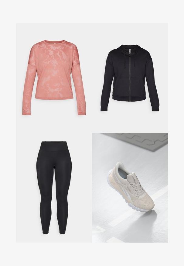 Crna zip-up dukserica koja je izrađena od mekanog materijala, s postavljenom kapuljačom, vezicom, prednjim džepovima i rebrastim manžetama i donjim rubom.; Dugih rukava, majica s okruglim izrezom u svijetloj koralj boji s uzorkom tie-dye. Napravljena od mekog materijala s opuštenim krojem i vidljivim šavovima.; Crne tajice od elastične tkanine, s visokim strukom, suženim nogavicama i rukavima na dnu, s glatkom, mat teksturom.; Svijetlosmeđi sportski tenisici s perforiranim gornjim dijelom, teksturiranim detaljima, podstavljenim okvirom i bijelim gumiranim potplatom, dizajnirani za udobnost i prozračnost.