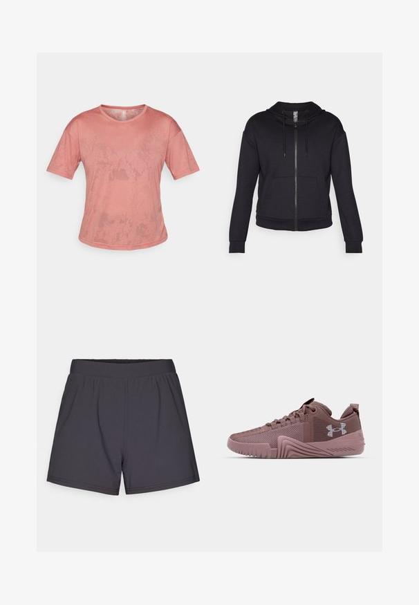 Fekete cipzáras kapucnis pulóver, puha anyagból készült, bélelt kapucnival, zsinórral, elülső zsebekkel és bordázott mandzsettával, valamint aljúval.; Rózsaszín, rövid ujjú póló, puha anyagból készült. Kerek nyakkivágással és laza szabással rendelkezik, a felületén finom textúrák találhatók.; Fekete sportos rövidnadrág könnyű, rugalmas anyagból. Rugalmas derékkal és egyszerű, díszítés nélküli dizájnnal rendelkezik.; Sötét rózsaszín sportcipők, texturált hálós felsőrész, gumitalp és hangsúlyos tapadási minta; oldalon logóval és párnázott bokarésszel rendelkezik.