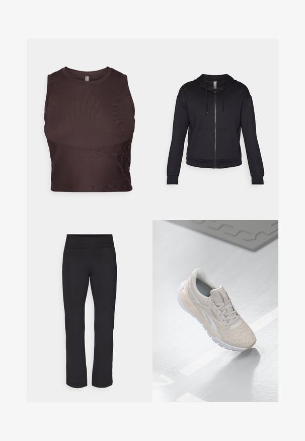 Črna zip-up kapuca izdelana iz mehkega blaga, z obloženim kapuco, vrvico, sprednjimi žepi ter rebrastimi manšetami in robom.; Temno rjava rebrasta kratka majica s širokimi naramnicami, okroglo izrezom in brezšivno zasnovo. Ima prilegan silhueto in raztegljiv material za udobje.; Črne legice iz gladkega, raztegljivega materiala s širokim pasom. Imajo ravne hlačnice, ki segajo do tal, brez vidnih vzorcev ali dodatkov.; Svetlo bež športni čevelj s perforiranim zgornjim delom, teksturiranimi detajli, oblazinjenim ovratnikom in belim gumijastim podplatom, zasnovan za udobje in zračnost.