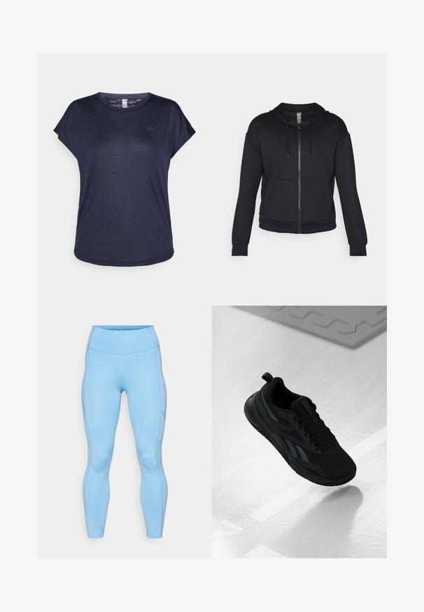 Fekete cipzáras kapucnis pulóver, puha anyagból készült, bélelt kapucnival, zsinórral, elülső zsebekkel és bordázott mandzsettával, valamint aljúval.; Sötétkék, rövidujjú póló, könnyű anyagból készült, kerek nyakkivágással és diszkrét logóval a mellkasán.; Világoskék, rugalmas anyagból készült leggings. Magas derékkal, sima textúrával és ívelt varratokkal rendelkezik a lábak mentén.; Fekete sportcipő hálós felső résszel, textúrált részletekkel és lapos talppal. Tonális logóval és húzófüllel a sarkán.