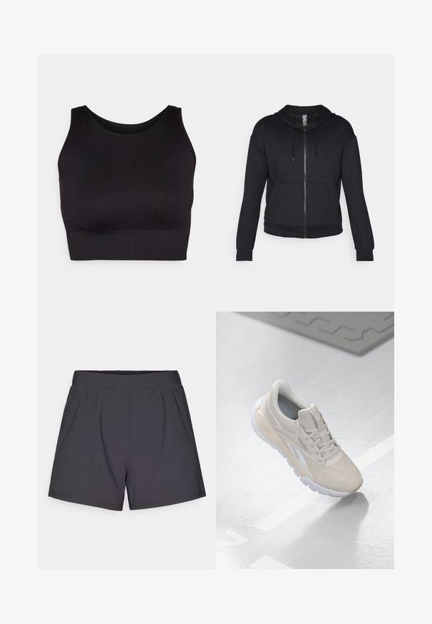 Musta vetoketjupusakka, joka on valmistettu pehmeästä kankaasta. Siinä on vuorattu huppu, kiristysnauha, etutaskut sekä ribbireunat hihansuissa ja helmassa.; Musta ribbi-mallinen lyhyt yläosa, jossa on korkea kaulus ja leveät kainalot. Yläosa on tehty pehmeästä, joustavasta kankaasta mukavuutta varten, ja siinä on saumaton muotoilu.; Mustat urheilusortsit, jotka on valmistettu kevyestä, joustavasta kankaasta. Sisältää joustavyöhön ja yksinkertaisen, koristelemattoman muotoilun.; Vaaleabeige urheilusukka, jossa on rei'itetty päällinen, tekstuuriset aksentit, pehmustettu nilkkareunus ja valkoinen kumipohja, suunniteltu mukavuutta ja hengittävyyttä varten.
