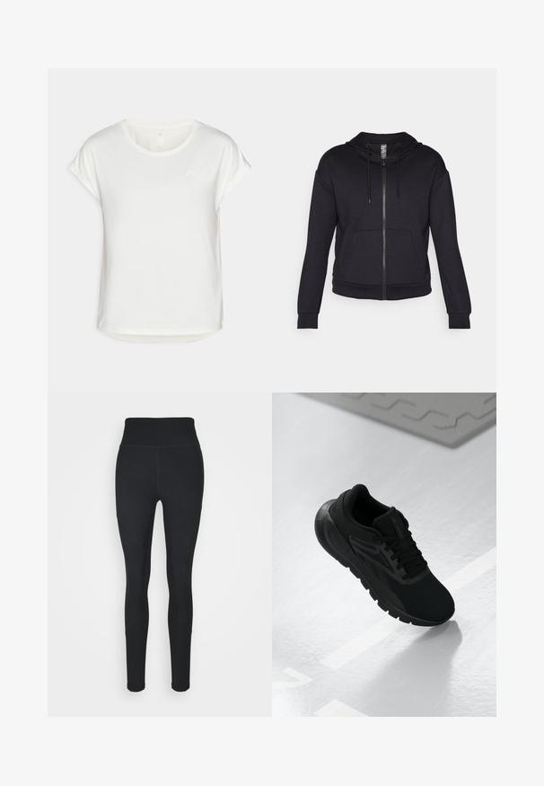 Black zip-up hoodie made of soft fabric, featuring a lined hood, drawstring, front pockets, and ribbed cuffs and hem.; White short-sleeve t-shirt with a round neckline, made of smooth fabric. Features rolled sleeves and a subtle logo detail on the chest.; Black leggings made of stretchy fabric, featuring a high waistband, ribbed panels on the sides, and a fitted design tapering at the ankles.; Black athletic shoe featuring a mesh upper, round toe, cushioned sole, and textured accents, positioned on a smooth white surface.
