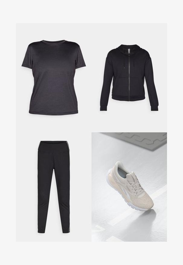 Sweatshirt com fecho éclair preto feito de tecido macio, com capuz forrado, cordão, bolsos frontais e punhos e bainha em ribana.; Camiseta cinza de manga curta feita de um tecido leve, com decote redondo, textura suave e um logo discreto no peito.; Leggings pretos feitos de tecido elástico. Cintura alta, ajuste justo, com riscas brancas nas costuras exteriores. Textura suave.; Shoe desportivo beige claro com parte superior perfurada, detalhes texturizados, colarinho acolchoado e sola de borracha branca, projetado para conforto e respirabilidade.