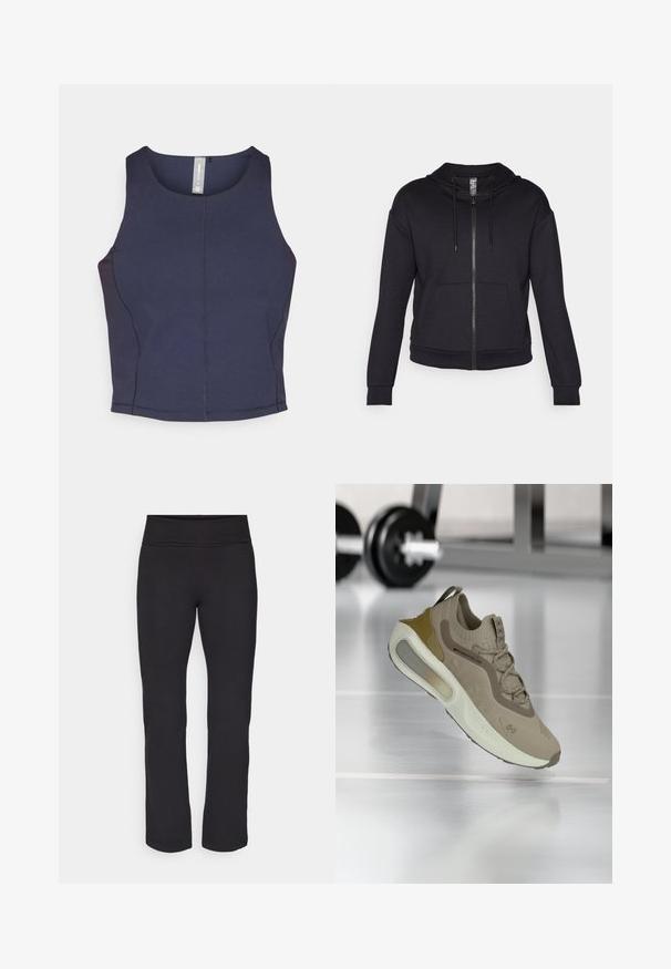 Črna zip-up kapuca izdelana iz mehkega blaga, z obloženim kapuco, vrvico, sprednjimi žepi ter rebrastimi manšetami in robom.; Mornarsko modra brezrokavna majica s krožnim izrezom, gladka tekstura in vidne šivane podrobnosti ob straneh.; Črne legice iz gladkega, raztegljivega materiala s širokim pasom. Imajo ravne hlačnice, ki segajo do tal, brez vidnih vzorcev ali dodatkov.; Bežna atletska obutev z teksturiranim zgornjim delom iz pletene tkanine, odsevnimi detajli in podloženo belo srednjo podlago. Ima podložen ovratnik in vezalni sistem.