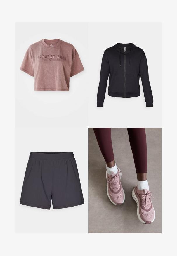 Melnas rāvējslēdzēja jaka, izgatavota no mīkstas auduma, aprīkota ar oderētu kapuci, regulējamu auklu, priekšējām kabatām un ribotām piedurknēm un apakšmalu.; Īsināts, īsām piedurknēm T-krekls putekļu rozā krāsā, izgatavots no mīksta auduma. Priekšpusē ir izcilas uzraksts "PROJECT ROCK" un "STOP FOR NOTHING".; Melnas sporta šortus, kas izgatavoti no viegla, elastīga auduma. Satur elastīgu jostu un vienkāršu, bez rotājumiem dizainu.; Gaiši rozā sporta apavi ar teksturētu sietu augšdaļu, auklu aizdari un baltu zoli. Valkāti ar baltām īsām zeķēm, kombinēti ar bordo krāsas legingiem.