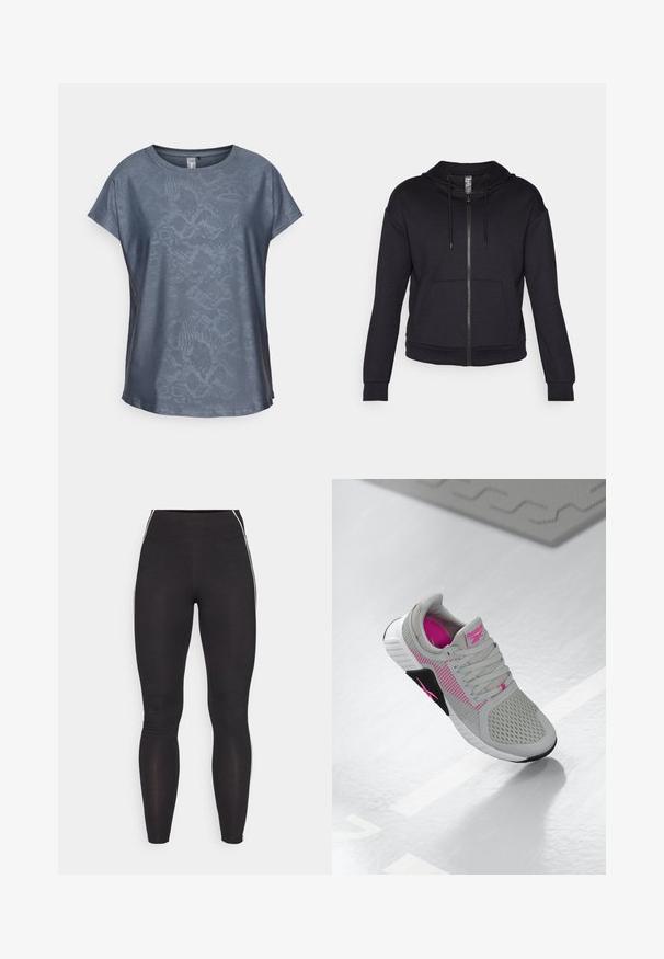 Fekete cipzáras kapucnis pulóver, puha anyagból készült, bélelt kapucnival, zsinórral, elülső zsebekkel és bordázott mandzsettával, valamint aljúval.; ONLY Play ONPAUB-SNAKE LIFE LOOSE TEE - Nyomott mintás póló - blue; Fekete leggings rugalmas anyagból, magas derekú fazonban. Fehér oldalsávokkal rendelkezik, sima tapintású.; Szürke és rózsaszín Reebok sportcipő, hálós felső résszel és részletes talppal, tükröződő fehér felületen kiállítva.