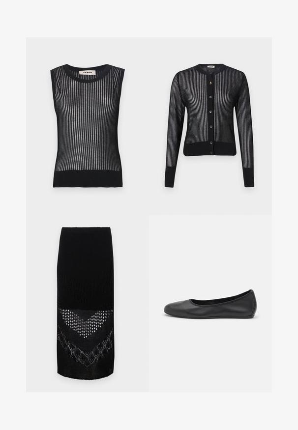 Black cardigan with a ribbed design, featuring a round neckline, button closure, and a subtle texture. Gold accent detail near the buttons.; Black sleeveless knit top featuring vertical stripes with a semi-sheer texture. Constructed from soft, stretchy material for a fitted silhouette.; Black knitted skirt featuring a textured design with varying patterns, including open weaves and solid sections, reaching just above the knees.; Black leather ballet flat with a rounded toe, smooth texture, minimal stitching detail, and a flexible sole design.