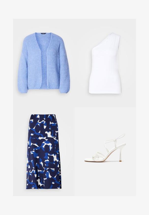 Lindex CARDIGAN VANESSA - Gilet - light blue; Débardeur asymétrique blanc avec design à une épaule, fabriqué en tissu lisse, présentant une silhouette ajustée et des bords nets.; Une jupe mi-longue en tissu lisse, de couleur marine, ornée de formes et motifs abstraits en bleu et blanc tout au long.; Sandale à talons hauts blanche avec une base de orteil plate, devant texturé avec des accents froncés et une fine bride à la cheville.