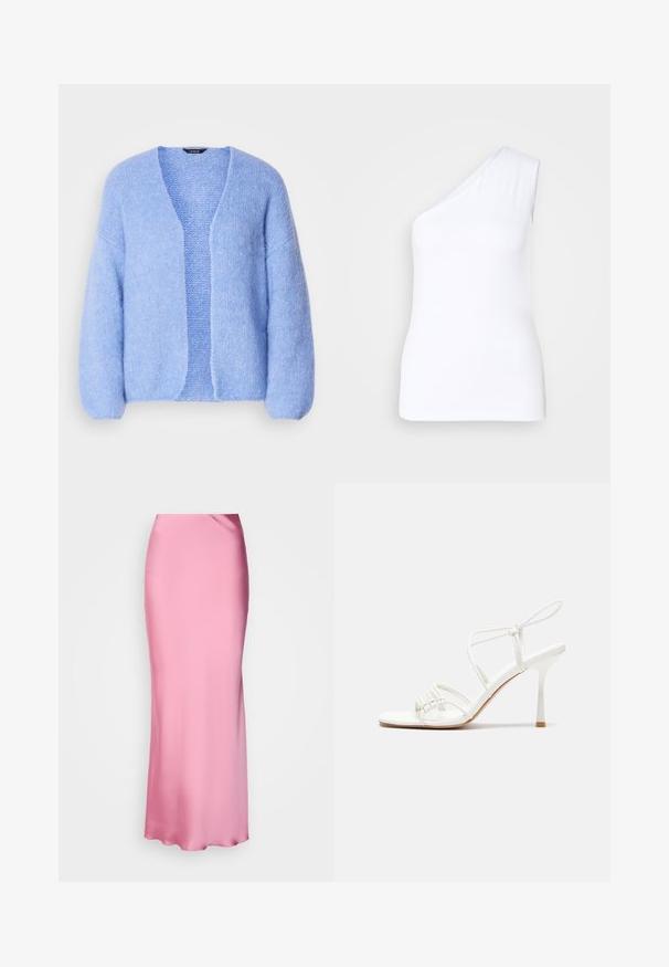 Lindex CARDIGAN VANESSA - Cardigan - light blue; Canotta bianca asimmetrica con design a spalla singola, realizzata in tessuto morbido, con silhouette aderente e bordi puliti.; Gonna maxi in satin rosa con un design elegante, texture liscia e silhouette aderente, caratterizzata da una vita alta e senza chiusure visibili.; Sandalo alto con tacco bianco a strisce, con una base piatta per le dita, un frontale testurizzato con dettagli arricciati e una sottile cinghia alla caviglia.