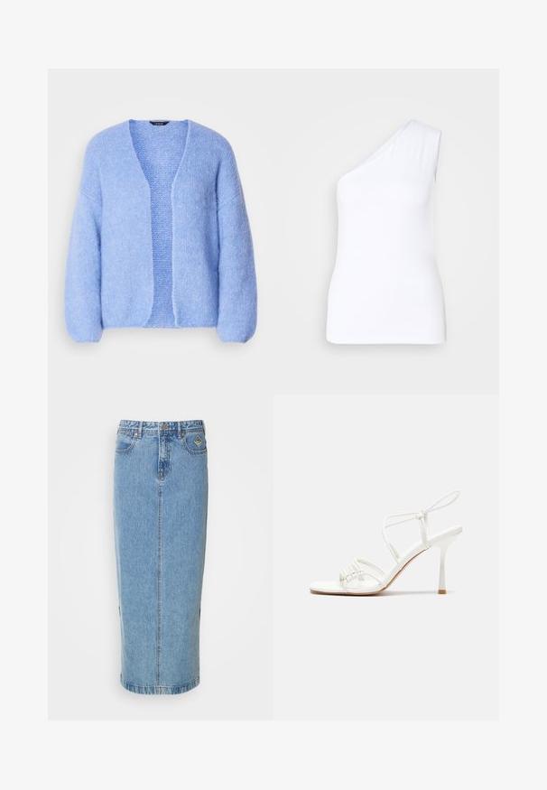 Lindex CARDIGAN VANESSA - Jopica - light blue; Asimetrična bela majica brez rokavov z obliko enega ramena, izdelana iz gladkega materiala, s prilega silhueto in čistimi robovi.; Denim midi krilo v svetlo modri barvi s ravno silhueto, sprednjim gumbom in stranskimi žepi. Ima subtilno šivanje in blagovno znamko.; Bela sandala na visoki pet z zavezanimi trakovi, z ravnim podplatom, teksturirano sprednjo stranjo z nabranimi detajli in ozkim gležnjenjem.