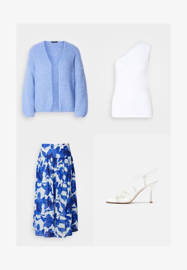 Lindex CARDIGAN VANESSA - Cardigan - light blue; Top alb asimetric cu un umăr, realizat dintr-un material neted, având o siluetă ajustată și margini curate.; Fustă conică dintr-un material ușor, cu un model floral albastru pe un fond alb, având un talie înaltă și detalii pliate.; Sandale albe cu toc înalt, cu barete, bază plată pentru degete, față texturată cu accente strânse și o curea subțire la glezna.