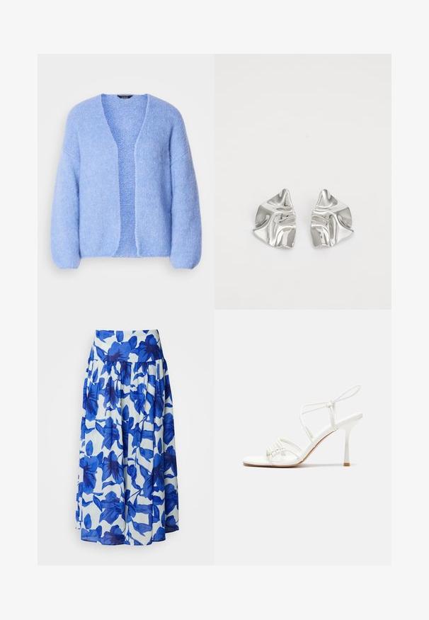 Lindex VANESSA - Cardigan - light blue; Asymmetrisk hvid tanktop med design til den ene skulder, lavet af glat stof, der har en tætsiddende silhuet og rene kanter.; A-facon nederdel i let stof med blåt blomstermønster på hvid baggrund, med høj talje og samlet detalje.; Hvide strop sandaler med høj hæl, flad tåbase, tekstureret forside med sammensunkne detaljer og en smal ankelrem.; Sølvmetal øreringe med et bølgende, skulpturelt design, der har en poleret overflade og uregelmæssige former, hvilket fremhæver en moderne æstetik.