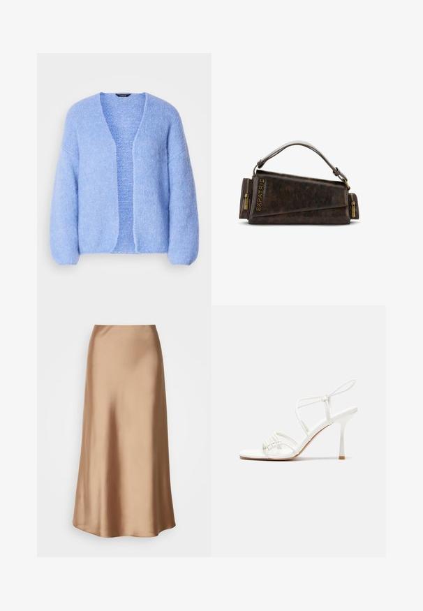 Lindex CARDIGAN VANESSA - Kardigán - light blue; Asymetrický biely top bez rukávov s dizajnom jedného ramena, vyrobený z hladkej tkaniny, s priliehavým strihom a čistými okrajmi.; Satinová midi sukňa v svetlo hnedej farbe, s hladkým, plynulým strihom, jemným leskom a mierne rozšíreným lemom.; Biele sandále na vysokom podpätku so štíhlym remienkom okolo členku a plochou základňou na prsty, textúrovaný predok so zhluky akcentov.; Hnedá kožená kabelka s geometrickým dizajnom, s hornou rúčkou a zlatými zipsovými detailami. Logo je vyrazené na strane.; Strieborné kruhové náušnice s hladkým, lesklým povrchom. Kolový tvar a bezpečné klikanie na uzatváranie. Ľahký dizajn vhodný na každodenné nosenie.
