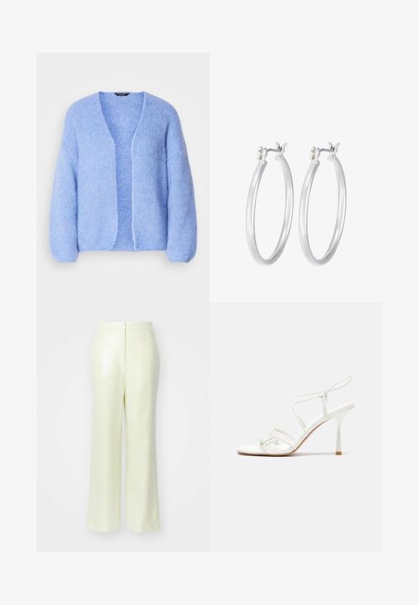 Lindex CARDIGAN VANESSA - Kardigán - light blue; Asymetrický biely top bez rukávov s dizajnom jedného ramena, vyrobený z hladkej tkaniny, s priliehavým strihom a čistými okrajmi.; Svetložlté nohavice so širokými nohavicami, ozdobené flitrami, s hladkým povrchom a diskrétnym zipsom na zadnej strane na zapínanie.; Biele sandále na vysokom podpätku so štíhlym remienkom okolo členku a plochou základňou na prsty, textúrovaný predok so zhluky akcentov.; Strieborné kruhové náušnice s hladkým, lesklým povrchom. Kolový tvar a bezpečné klikanie na uzatváranie. Ľahký dizajn vhodný na každodenné nosenie.