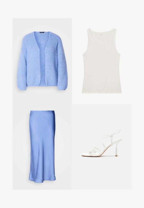 Lindex VANESSA - Vesta na kopčanje - light blue; Bijela pamučna majica bez rukava s širokim izrezom i tankim naramenicama. Glatka tekstura bez vidljivih uzoraka ili ukrasa.; Satin plava midi suknja s glatkom, sjajnom završnom obradom. Razvijeni silueta, rub lagano zakrivljen, ističući njezin fluidni dizajn.; Bijele sandale s visokom potpeticom i trakama, ravno oblikovanim prstima, teksturiranim prednjim dijelom s naboranim detaljima i uskom trakicom oko gležnja.
