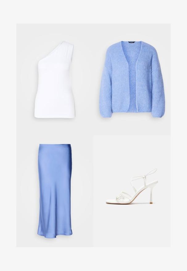 Lindex CARDIGAN VANESSA - Strickjacke - light blue; Asymmetrisches weißes Tanktop mit einseitigem Design, aus glattem Stoff gefertigt, mit einer figurbetonten Silhouette und sauberen Kanten.; Satinblaue Midirock mit einer glatten, glänzenden Oberfläche. Ausgestellte Silhouette, der Saum verläuft sanft und hebt das fließende Design hervor.; Weiße, geschnallte High-Heel-Sandalen mit flacher Zehenbasis, strukturiertem Vorderteil mit gerafften Akzenten und schlankem Knöchelriemen.