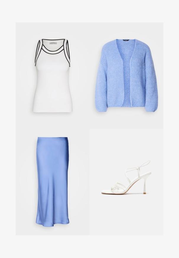 Lindex CARDIGAN VANESSA - Kardigán - light blue; Fehér, bordázott anyagból készült ujjatlan felső, fekete díszítéssel a nyakvonalon és a karöltőkön, formás siluettel.; Szatén kék midi szoknya sima, fénylő felülettel. Enyhén bővülő sziluett, az alsó szegély finoman ível, hangsúlyozva a folyékony dizájnt.; Fehér pántos magassarkú szandál lapos lábujjal, texturált elülső résszel, ráncolt díszítéssel és vékony bokapánttal.