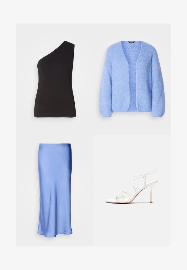 Lindex CARDIGAN VANESSA - Cardigan - light blue; One-shoulder black top made of soft, stretchy material; fitted design with a sleek silhouette and smooth texture. No visible embellishments.; Satin blue midi skirt with a smooth, lustrous finish. Flared silhouette, hem curves gently, highlighting its fluid design.; White strappy high-heeled sandal with a flat toe base, textured front with gathered accents, and a slim ankle strap.