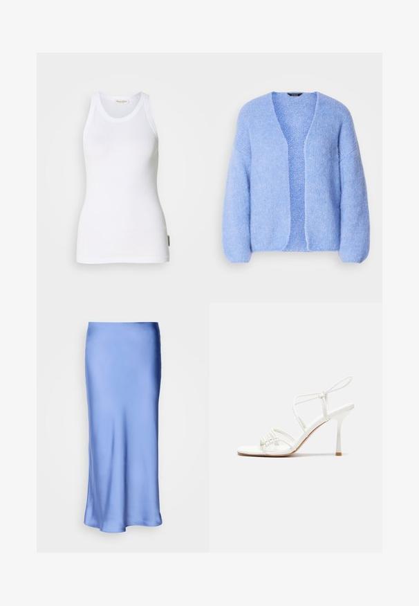 Lindex CARDIGAN VANESSA - Vest - light blue; Witte mouwloze katoenen tanktop met een ronde hals, naadloze zijkanten en een klein logo-label op de linker benedenhoek. Gladde textuur.; Satijnen blauwe midi-rok met een gladde, glanzende afwerking. Uitlopende silhouet, de zoom loopt zachtjes gebogen, waardoor het vloeiende ontwerp wordt benadrukt.; Witte strappy hoge hak sandaal met een platte tenenbasis, gestructureerde voorkant met geplooide accenten, en een slanke enkelband.