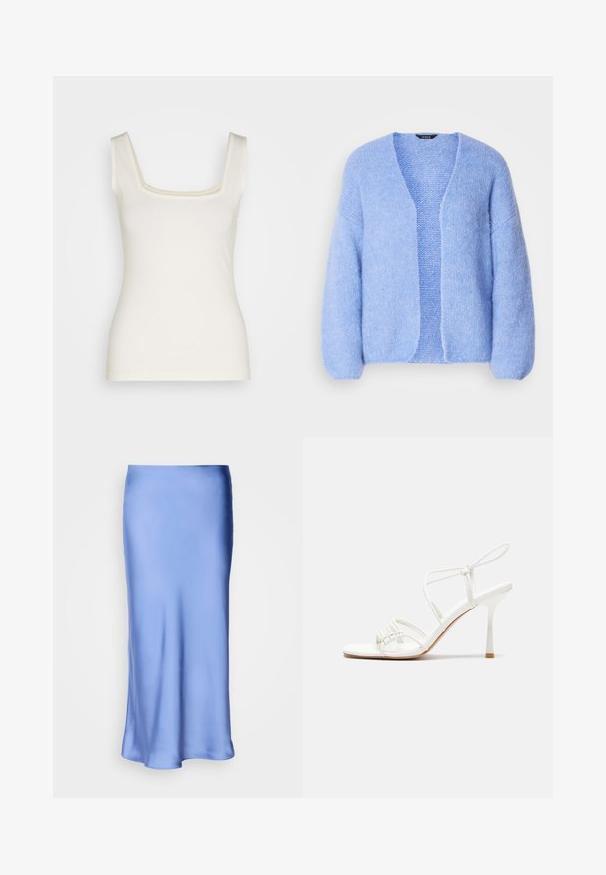 Lindex CARDIGAN VANESSA - Jopica - light blue; Krema barve majica brez rokavov s kvadratnim izrezom, ozkimi naramnicami in prilegajočim krojem. Narejena iz mehkega, elastičnega materiala. Brez vzorcev ali okraskov.; Saten midi krilo modre barve z gladko, sijočo površino. Širjen silhueta, spodnji rob se nežno ukrivi, kar poudari njeno tekočo zasnovo.; Bela sandala na visoki pet z zavezanimi trakovi, z ravnim podplatom, teksturirano sprednjo stranjo z nabranimi detajli in ozkim gležnjenjem.