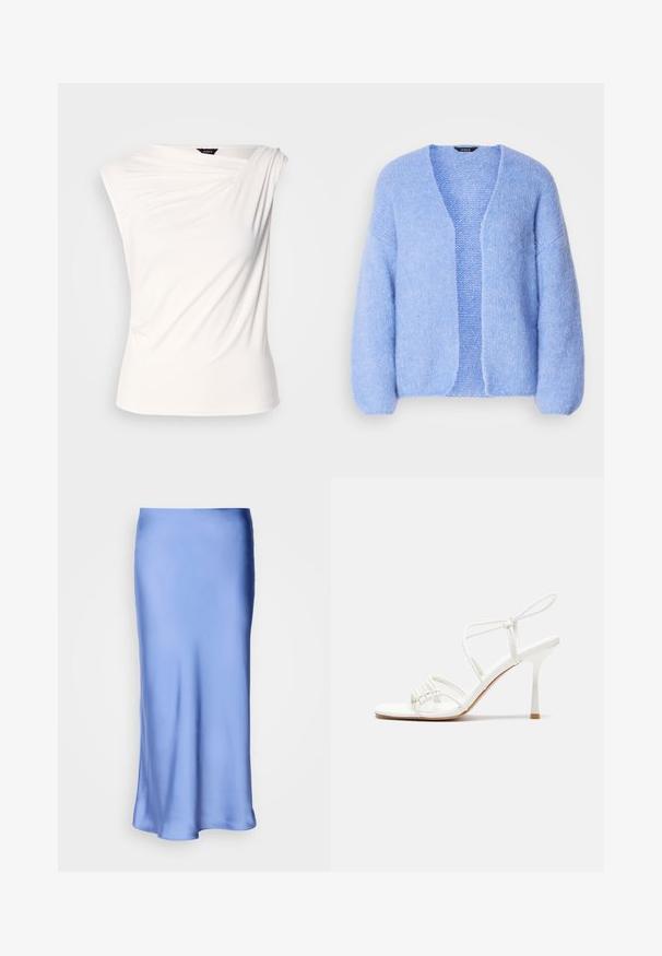 Lindex CARDIGAN VANESSA - Gilet - light blue; Haut drapé blanc avec design à une épaule, fait en tissu doux. Présente une texture subtile et une silhouette ajustée. Étiquette visible au niveau du col.; Jupe midi en satin bleu avec une finition lisse et brillante. Silhouette évasée, l'ourlet se courbe doucement, mettant en valeur son design fluide.; Sandale à talons hauts blanche avec une base de orteil plate, devant texturé avec des accents froncés et une fine bride à la cheville.