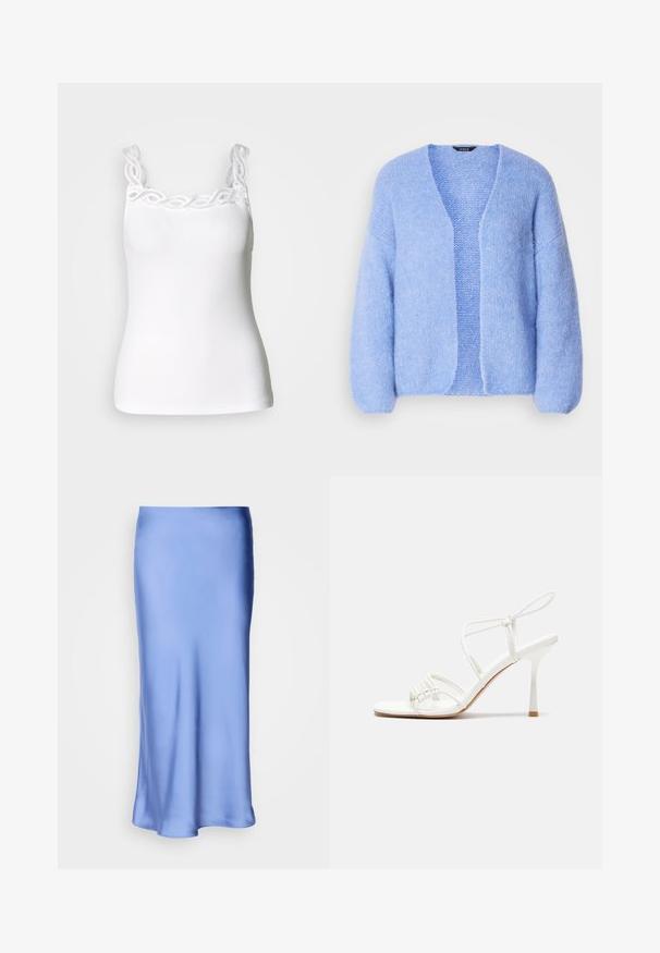 Lindex VANESSA - Cardigan - light blue; White tank top with adjustable straps, featuring a decorative lace trim along the neckline and a fitted, ribbed texture.; Satin blue midi skirt with a smooth, lustrous finish. Flared silhouette, hem curves gently, highlighting its fluid design.; White strappy high-heeled sandal with a flat toe base, textured front with gathered accents, and a slim ankle strap.
