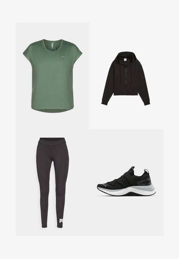 Fekete, rövidített kapucnis pulóver, elülső cipzárral, állítható kapucnival és elülső zsebből. Texturált anyagból készült, finom logó részlettel.; Zöld, rövid ujjú póló, kerek nyakkal, puha anyagból, lazán illeszkedve, finom logó részlettel az elején.; Fekete leggings rugalmas anyagból, magas derékkal és fehér logóval, amely a bal alsó lábszáron található. Sima textúrájú.; Fekete sportcipő textúrázott felső résszel, rugalmas pántokkal és vastag fehér középtalppal. Szürke akcentussal rendelkezik a talp mentén.