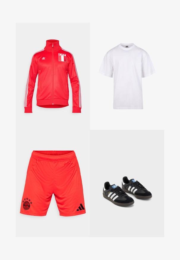 Chaqueta de chándal roja hecha de una tela suave, con cuello alto, cierre completo, rayas blancas en las mangas y un emblema de FPP en el pecho.; Camiseta blanca de algodón con cuello redondo, mangas cortas y un corte relajado. Presenta un diseño liso sin patrones ni detalles.; adidas Performance FC BAYERN M�NCHEN HOME SHORT - Equipación de clubes - red; Zapatillas negras con un upper de ante y sintético, con tres rayas blancas, suela de goma texturizada y etiqueta de logo azul en la lengüeta.