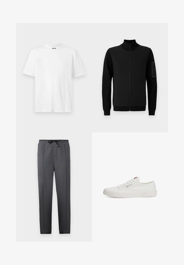 BOSS MOMENTUM - Kardigan - black; Bílý krátký rukáv tričko vyrobené z bavlny. Má kulatý výstřih a tištěné logo v černé barvě na límci. Hladká textura, jednoduchý design.; Černé texturované tepláky s elastickým pasem a stahovací šňůrkou, vybavené bočními kapsami a zúženými nohavicemi pro štíhlý střih.; Bílé plátěné tenisky s plochou gumovou podrážkou, kulatou špičkou a pěti páry dírek na tkaničky, které mají malou značkovou visačku na boku.