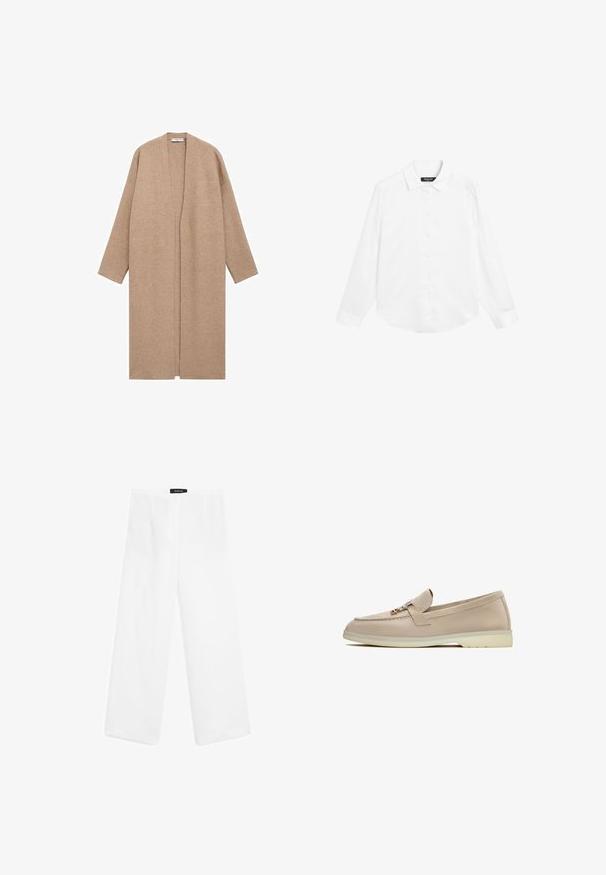 Długi beżowy kardigan dzianinowy z otwartym przodem, długimi rękawami i bez widocznych zapięć, eksponowany na białym tle.; Massimo Dutti - Bluzka; Białe lniane spodnie o szerokich nogawkach z gładką teksturą, z mid-rise w pasie, dwiema przednimi kieszeniami i prostym wzorem.; Beżowe loafersy z gładką tekstylną cholewką, dekoracyjnym paskiem, złotymi akcentami oraz niską gumową podeszwą. Klasyczny design z estetycznym przeszyciem.