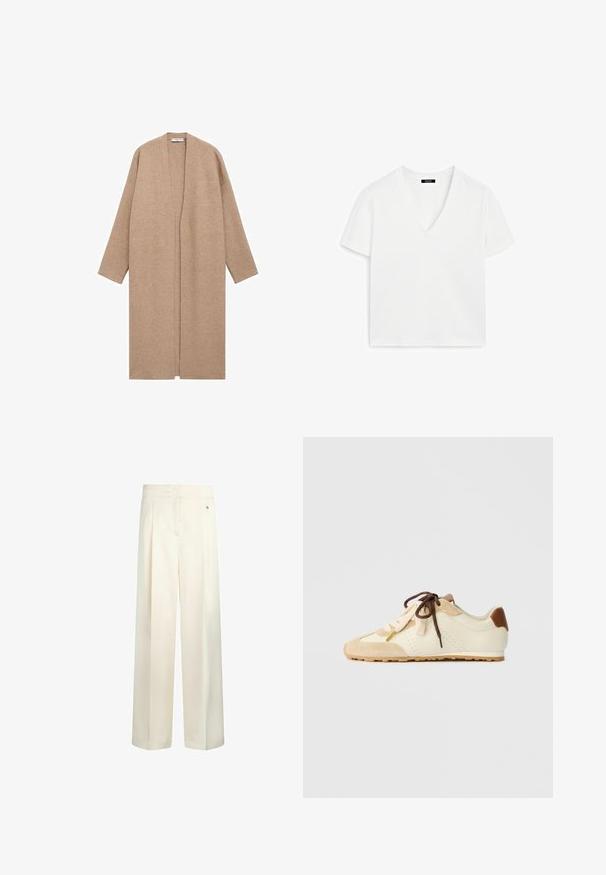 Un lungo cardigan in maglia beige aperto davanti, con maniche lunghe e senza chiusure visibili, esposto su uno sfondo bianco.; T-shirt bianca a maniche corte con scollatura a V, realizzata in cotone, caratterizzata da un design minimalista e una texture liscia, con orlo dritto e senza decorazioni.; Pantaloni a gamba larga di colore avorio, realizzati in un tessuto morbido con una finitura texturizzata. Presentano pieghe frontali e un piccolo dettaglio con logo metallico.; Sneaker in suede e pelle beige con accenti marroni, punta tonda, lati perforati e lacci piatti. Presenta suola in gomma e design a profilo basso.