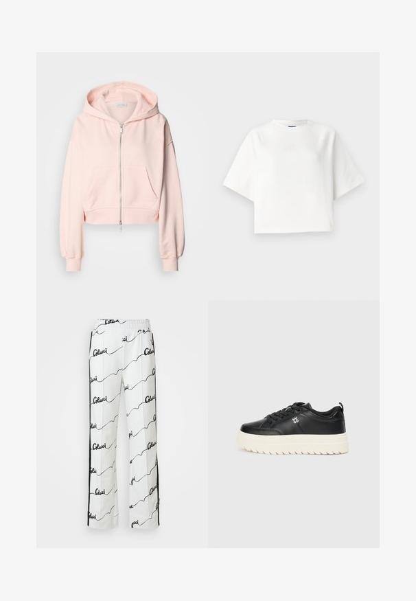 Sweatshirt cor-de-rosa cortado, feito de tecido macio, com fecho na frente, dois bolsos frontais e capuz com cordão e mangas franzidas.; T-shirt oversized branco com mangas raglan curtas, feito de um tecido suave. Apresenta um logo discreto no peito e um decote redondo.; Calças de algodão brancas com um padrão repetido em preto. Design de perna reta com uma faixa elástica na cintura e riscas laterais.; Sapatilha preta de couro com sola branca grossa, bico arredondado e atacadores planos; apresenta o logótipo "HUGO" na lateral e uma sola texturizada para melhor aderência.