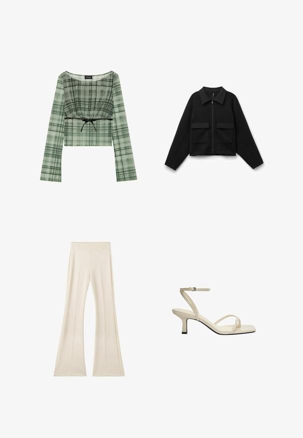 Schwarze, taillierte Jacke aus weichem Stoff, mit einem Kragen, einem Reißverschluss auf der Vorderseite und zwei großen aufgesetzten Taschen auf der Brust.; Grünes kariertes Crop-Top mit langen Ärmeln, das über einen gerafften Ausschnitt und eine schwarze Schleifenakzent an der Taille verfügt. Hergestellt aus leichtem Material.; Weite Hose in hellem Beige, aus einem glatten, dehnbaren Stoff, mit einem breiten Bund und dezenten vertikalen Nähten.; Beige Riemchen-Sandale mit quadratischer Zehenform, dünnem Knöchelriemen und einem 5 cm hohen Quadrathochheel. Aus glattem Leder mit einer kontrastierenden schwarzen Sohle.