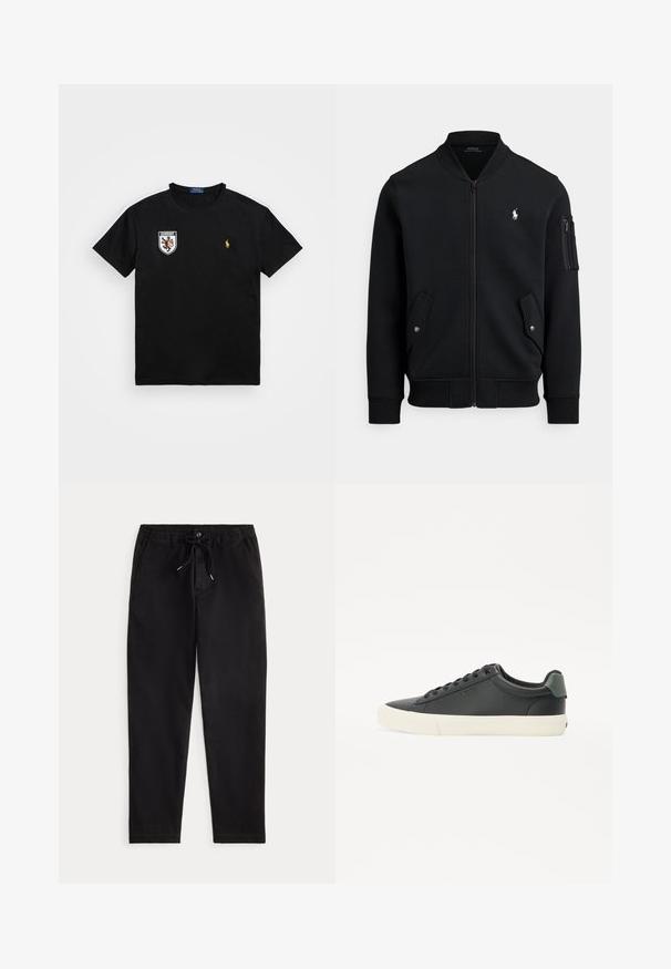 Svart dragkedjetröja i mjukt tyg, med ribbad krage, två sidofickor och en dragkedjeficka på armen. Inkluderar logotypdetalj.; Polo Ralph Lauren CLASSIC FIT GERMANY T-SHIRT - T-shirt med print - black; Svarta avslappnade byxor med elastiskt midjeband, snörning, framknapp och sidofickor, visade på en enfärgad bakgrund.; Svarta lädersneakers med en texturerad yta, vit gummisula, rund tå och grönt inslag vid hälen. Design med snörning genom sex öglor.