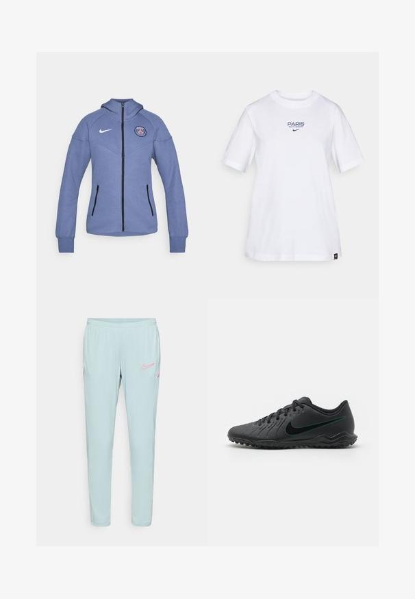 Niebieska kurtka zapinana na zamek, wykonana z miękkiego materiału, z kapturem, bocznymi kieszeniami i logo na piersi. Posiada czarny zamek błyskawiczny i akcenty.; Biała bawełniana koszulka z niebieskim napisem "PARIS SAINT-GERMAIN" oraz logo Nike. Klasyczny okrągły dekolt i krótkie rękawy, luźny krój.; Jasnoniebieskie spodnie dresowe Nike o gładkiej fakturze, z elastycznym pasem i różowymi akcentami logo na lewej udzie oraz kieszeniach.; Czarne korki piłkarskie z teksturowaną syntetyczną górą, zakrzywionym wzorem, czarną podeszwą zewnętrzną i turkusowym logo Nike z boku. Zapięcie na sznurówki.