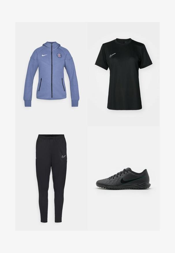 Blaue Kapuzenjacke aus weichem Material, mit Reißverschluss, seitlichen Taschen und einem Logo auf der Brust. Enthält einen schwarzen Reißverschluss und Akzente.; Schwarzes, kurzärmeliges Sportshirt mit Rundhalsausschnitt. Verfügt über ein weißes Nike-Logo auf der oberen linken Seite. Glattes, leichtes Material.; Schwarze Sporthose aus leichtem Stoff, mit elastischem Bund, schmaler Passform und einem weißen Nike-Logo am Oberschenkel.; Schwarzer Fußballschuh mit strukturiertem Synthetic-Obermaterial, geschwungener Form, schwarzer Laufsohle und tealfarbenem Nike-Logo an der Seite. Mit Schnürverschluss.