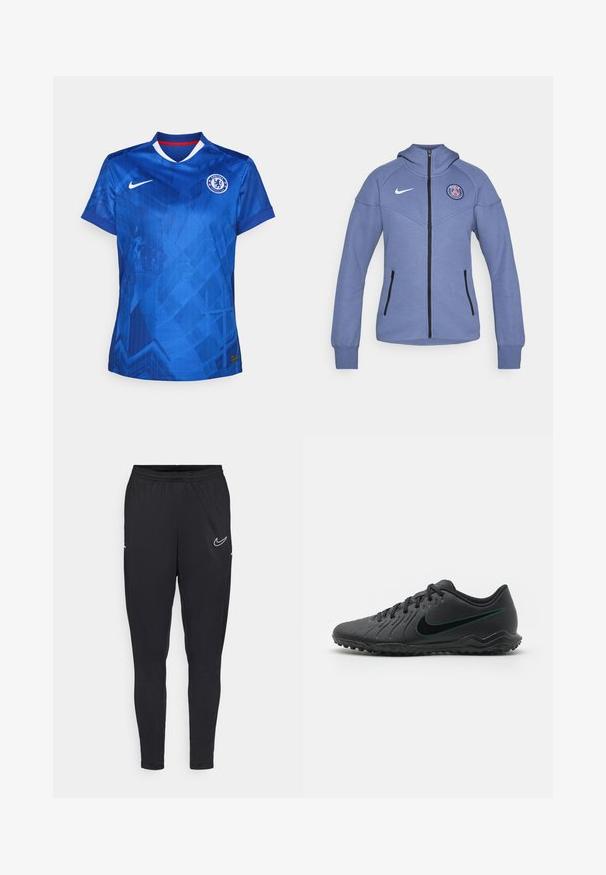 Blaue Kapuzenjacke aus weichem Material, mit Reißverschluss, seitlichen Taschen und einem Logo auf der Brust. Enthält einen schwarzen Reißverschluss und Akzente.; Blaues Nike-Fußballtrikot mit geometrischem Muster, einem V-Ausschnitt mit roten Akzenten und einem auf der Brust aufgestickten Chelsea FC-Logo.; Schwarze Sporthose aus leichtem Stoff, mit elastischem Bund, schmaler Passform und einem weißen Nike-Logo am Oberschenkel.; Schwarzer Fußballschuh mit strukturiertem Synthetic-Obermaterial, geschwungener Form, schwarzer Laufsohle und tealfarbenem Nike-Logo an der Seite. Mit Schnürverschluss.