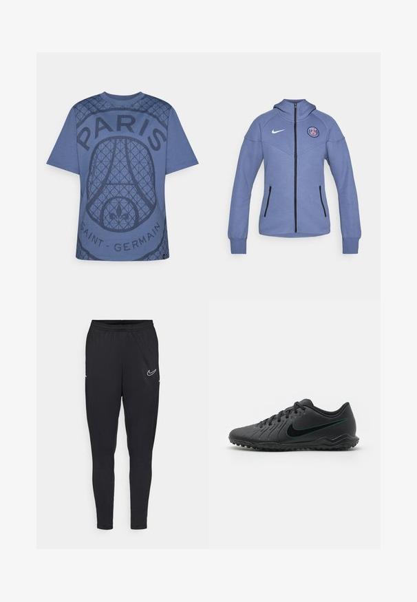 Veste zippée bleue en matériau doux, dotée d'une capuche, de poches latérales et d'un logo sur la poitrine. Comprend une fermeture éclair noire et des accents.; T-shirt en coton bleu avec un design graphique texturé comportant le texte "PARIS" et "SAINT-GERMAIN", col rond et manches courtes.; Pantalons de sport noirs en tissu léger, avec une taille élastique, une coupe ajustée et un logo Nike blanc sur la cuisse.; Crampons de football noirs avec une tige synthétique texturée, un design incurvé, une semelle extérieure noire et un logo Nike teal sur le côté. Fermeture à lacets.