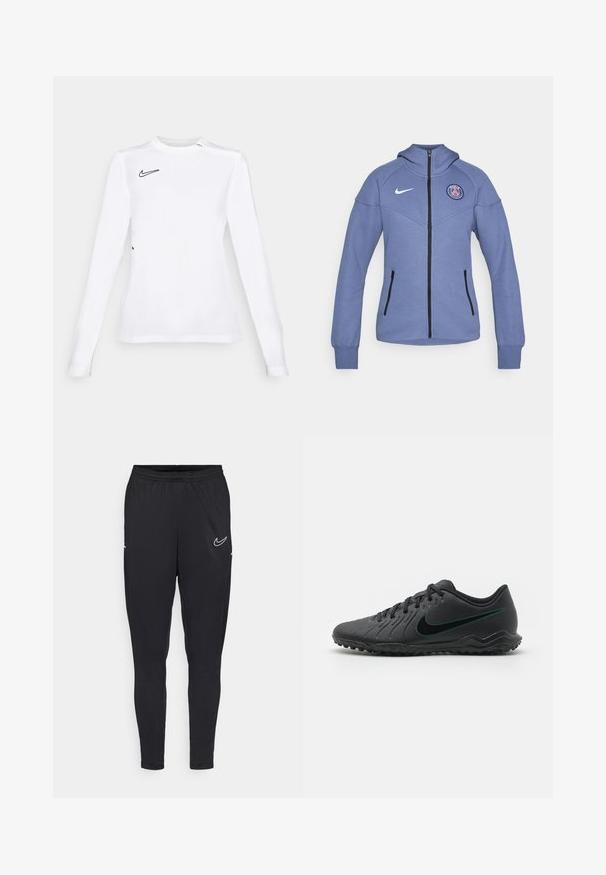 Blaue Kapuzenjacke aus weichem Material, mit Reißverschluss, seitlichen Taschen und einem Logo auf der Brust. Enthält einen schwarzen Reißverschluss und Akzente.; Langarmiges weißes Sportshirt aus atmungsaktivem Material, mit einem schwarzen Nike Swoosh-Logo auf der oberen linken Seite. Glatte Textur, körperbetontes Design.; Schwarze Sporthose aus leichtem Stoff, mit elastischem Bund, schmaler Passform und einem weißen Nike-Logo am Oberschenkel.; Schwarzer Fußballschuh mit strukturiertem Synthetic-Obermaterial, geschwungener Form, schwarzer Laufsohle und tealfarbenem Nike-Logo an der Seite. Mit Schnürverschluss.